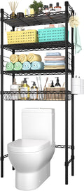 PrimeZone Over The Toilet Storage Shelf - 4 Tier Adjustable Metal Bathroom Wire Shelves Organizer with 2 Hooks, Freestanding Above Toilet Storage Rack for Bathroom Laundry, Black
