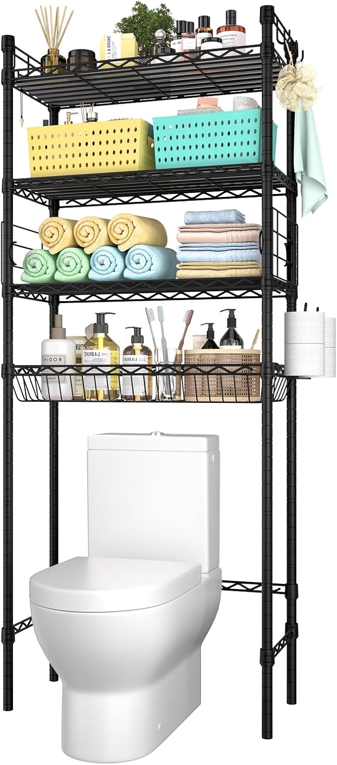 PrimeZone Over The Toilet Storage Shelf - 4 Tier Adjustable Metal Bathroom Wire Shelves Organizer with 2 Hooks, Freestanding Above Toilet Storage Rack for Bathroom Laundry, Black