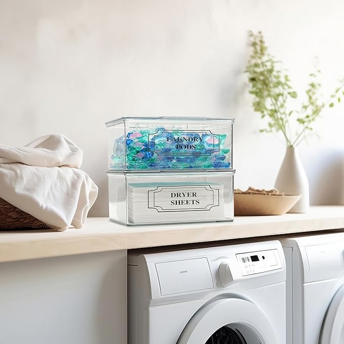 SSTATES Clear Acrylic Dryer Sheets Holder, Flip-top Laundry Pods Container with 2 Label Decals for Laundry Room Organization and Décor, Stackable Storage Box (2 Pack)