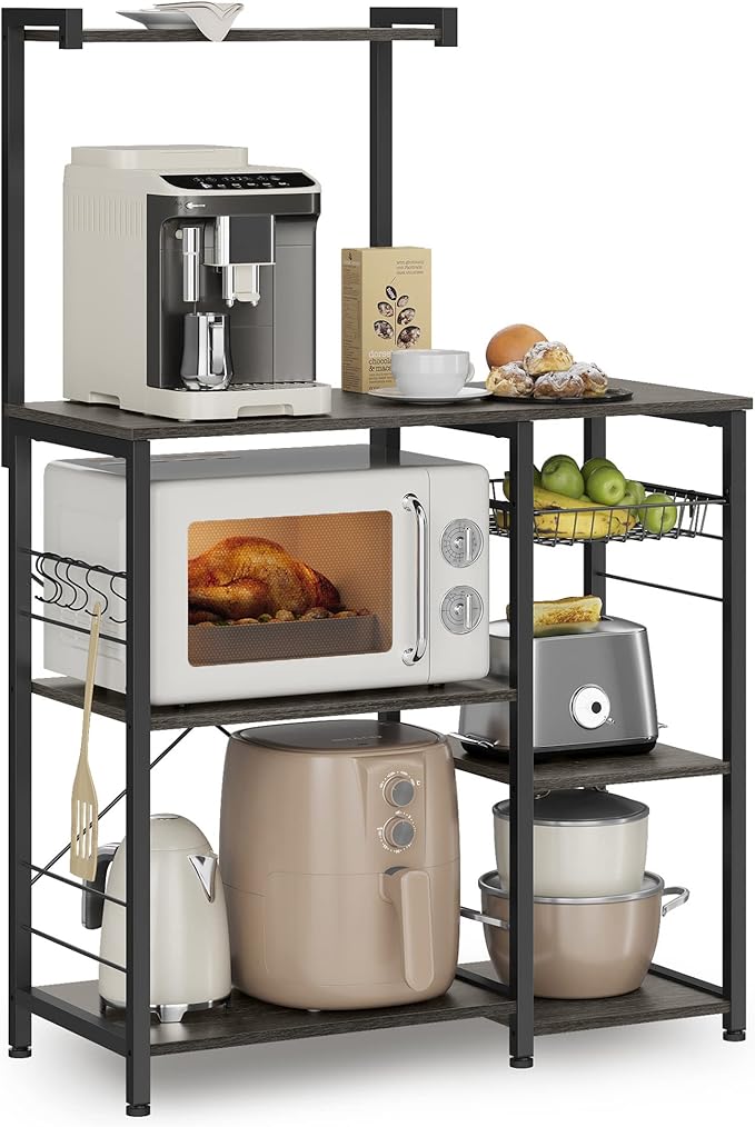 VASAGLE Baker's Rack, Microwave Stand, Kitchen Storage Rack with Wire Basket, 6 Hooks, and Shelves, for Spices, Pots, and Pans, Charcoal Gray and Ink Black UKKS035B04