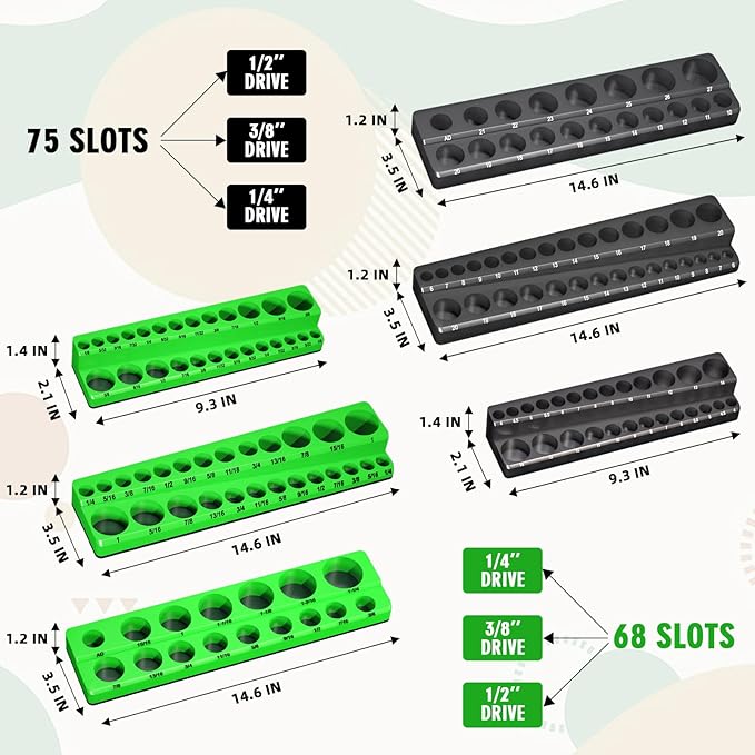 Magnetic Socket Organizer Holder Set For Tool Box Drawer, Toolbox Organization Including 1/4", 3/8" and 1/2" Drive Metric SAE Socket Trays (Sockets are not Included)