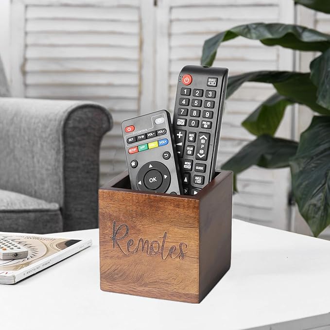 Acacia Wood TV Remote Holder, Caddy and Organizer for Table, Vintage Farmhouse Desk Caddy (Brown for 2 or 3 Remote Controls)