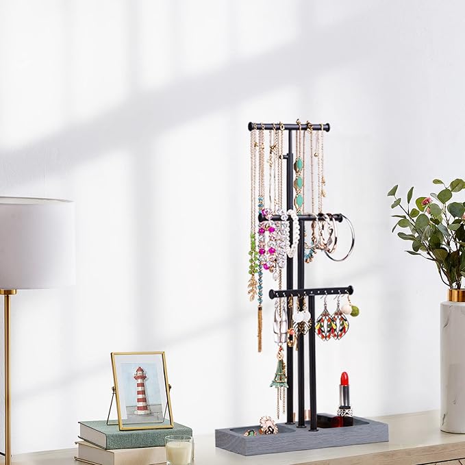 Love-KANKEI Jewelry Organizer Stand Metal & Wood Base and Large Storage Necklaces Bracelets Earrings Holder Organizer Gift Black and Weathered Grey