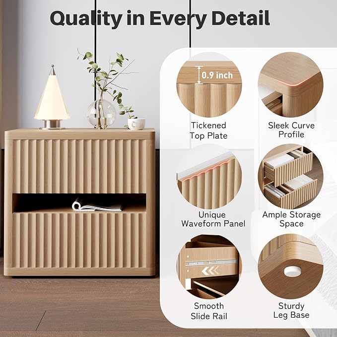 Dripex Fluted Nightstand with 2 Drawers, Large Wide Wood Night Stand Bedside Table for Bedroom, Mid-Century Modern Storage Bed Side Table, End Table for Living Room Sofa Couch, Natural Oak