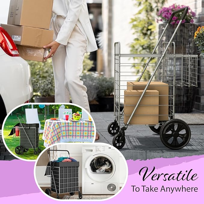 Shopping Cart w/Waterproof Basket Liner & 360° Swivel Wheels | Foldable Collapsible & Lightweight | Perfect for Groceries Laundry Utility Cart - Silver