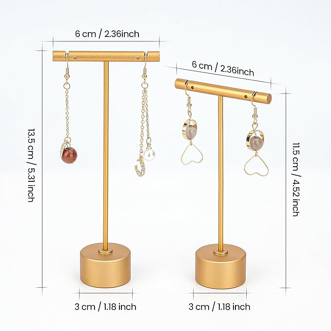 Metal Earring Stand Display Round Base Earring T Bar Display Necklace Bracelet Ring Ear Studs Jewelry Display Rack for Vendors Photography and Showcase, Gold 2pcs Height 5.31" and 4.52"