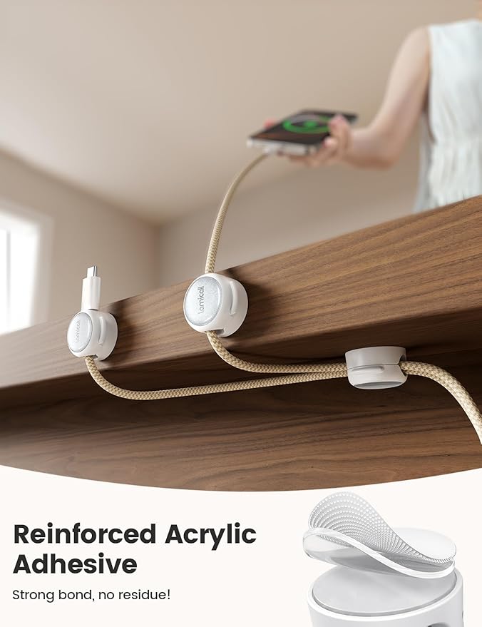 12Pack Magnetic Cable Clips Cord Organizer - Lamicall [Crystal-Clear & Silver Shine] Cable Management Holder for Phone Charging Cord, Strong Adhesive for Nightstand, Home Office Desk Decor Accessories