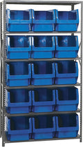 Quantum MSU-533BL Heavy-Duty Modular Magnum Steel Shelving Storage Rack Unit for Manufacturing Healthcare Distribution | (6) Shelves; (15) QMS533 Blue Bins | 42" W x 18" D x 75" H, Gray, Carbon Steel