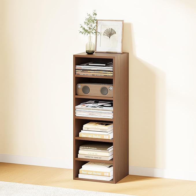 IOTXY DIY Modular Cube Bookcase - CubeXY Customizable Stackable Expandable Basic Shelving Units, 6-Cube Wooden Open Bookshelf with Removable Shelves for Books Organizer, Walnut