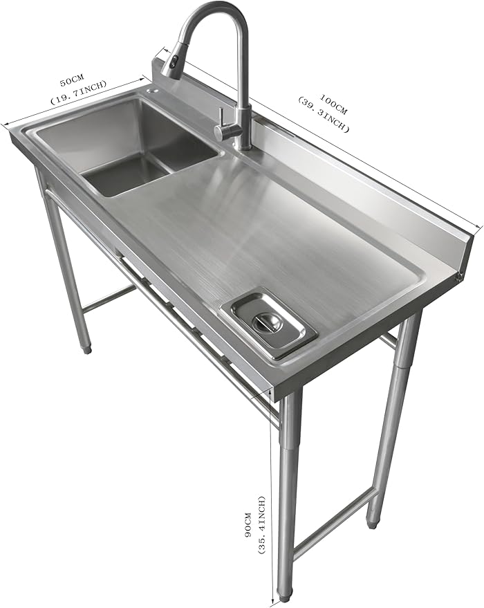 Qian Kun Free Standing 39.3 * 19.7 * 35.4 Left Single Bowl Outdoor Kitchen Sink (304 Stainless Steel, Pull Down Sprayer & Drain Pipe, Commercial Restaurant, NSF Certified)