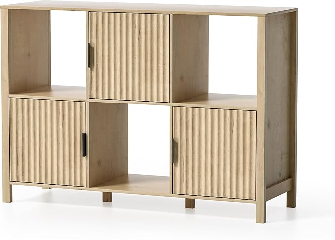 Fluted Storage Bookshelf Set of 2, Modern Wood Floor 6 Cube Bookcase with Doors and Open Shelf, 2-Tier Short Organizer Shelf for Living Room, Bedroom Light Oak