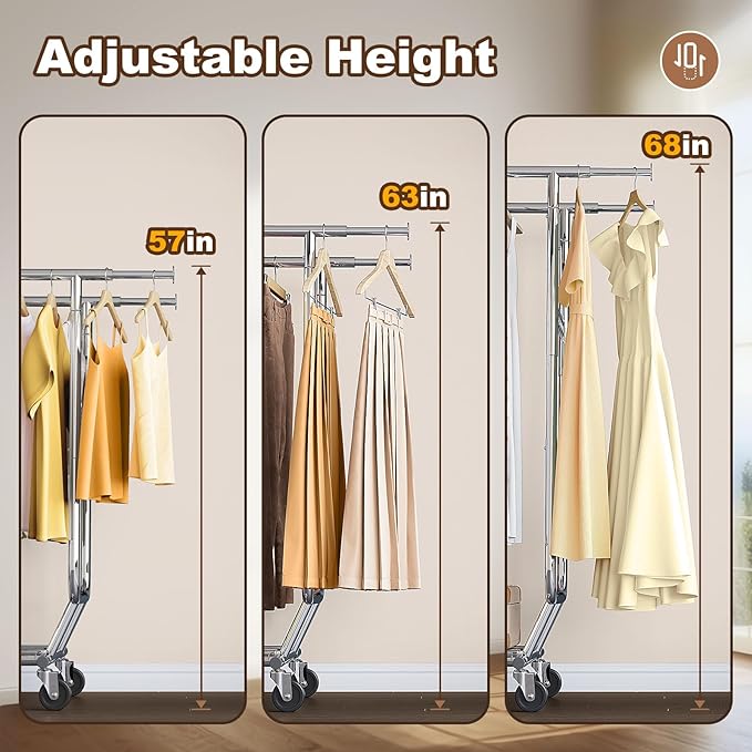 HOKEEPER 600 lbs Commercial Clothing Garment Rack with Shelves Clothing Racks on Wheels Rolling Closet Clothes Rack Heavy Duty Portable Collapsible Adjustable, Chrome Finish