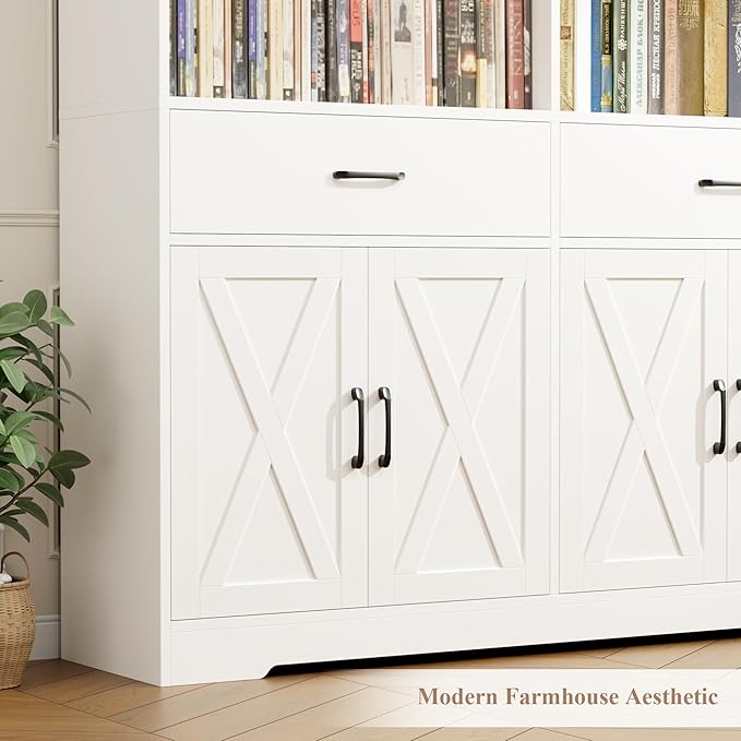 HOSTACK 78" Tall Bookshelf with Doors, Double Wide Bookshelf with Storage Drawers, Large Bookcase with Cabinet and 8 Open Display Shelves, Farmhouse Wood Bookcase Book Shelf for Living Room, White