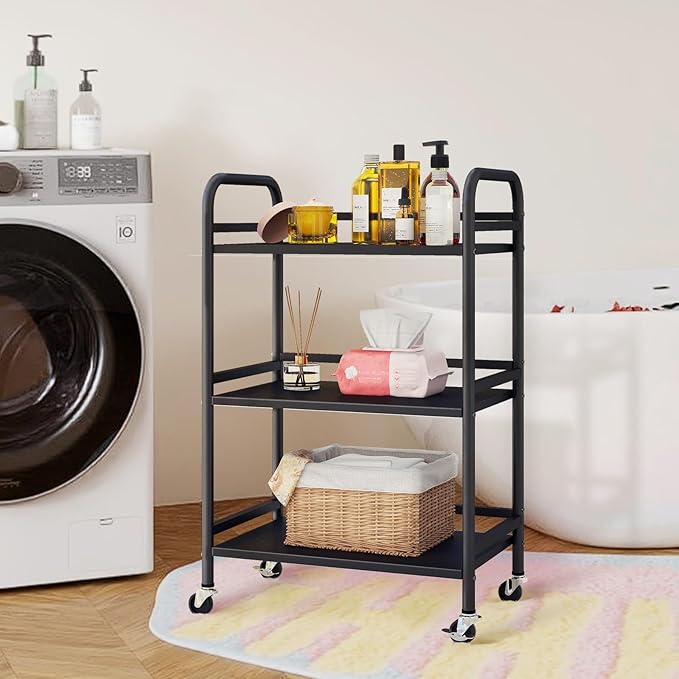 HDANI 3 Tier Rolling Cart Shelves,Heavy Duty Multifunctional Metal Frame-Supports 22 Lbs Per Tier,Rolling Cart with 2 Lockable Wheels for Home,Office,Kitchen,Bathroom,Bedroom,Black