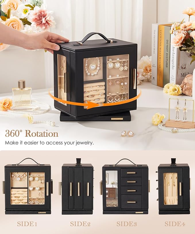Homde Christmas Gifts Jewelry Box 360° Rotating, Necklace Earring Organizer with Transparent Window, Mirror, 7 Drawers, Large Ring Display Storage Case for Girls Women (Black)