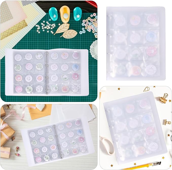 FREEBLOSS 144 Pocket Buttons Badge Pin Storage Book Transparent PVC Button Pins Display Album 12 Sheet Pin Pocket Pages Ring Binder Collection Holder for Pins Collection Display