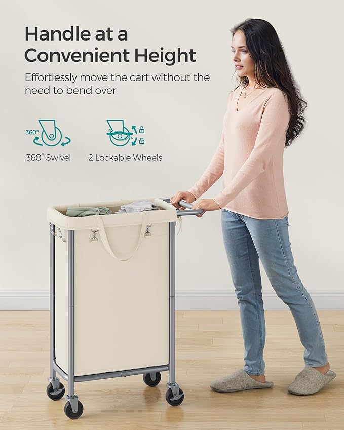 SONGMICS Laundry Basket with Wheels, Rolling Laundry Hamper, 23.8 Gallons (90 L), Removable Liner, Steel Frame with Handle, 24 x 11.4 x 31.9 Inches, Cream White URLS003W01