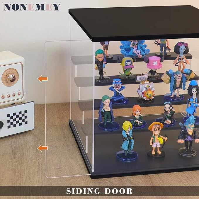NONEMEY Clear Acrylic Display Case with Light ,3/4/5/6 Tier Multiple Color Lights via Remote Control Dustproof Display Box for Collectibles Figures Mini Toys (4Tier 12.4*9.6*10.4inch)