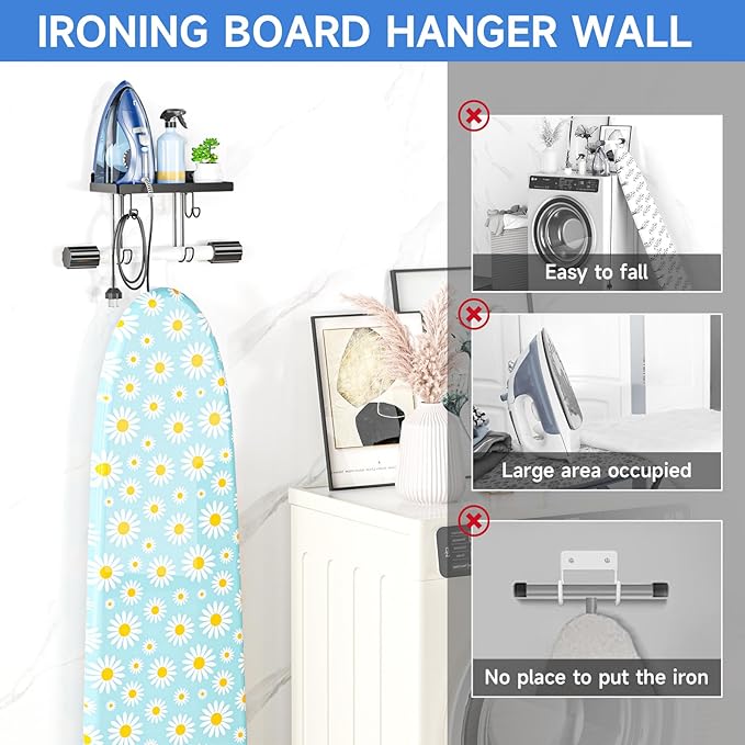 Ironing Board Holder Wall Mounted, Black Iron Holder for Laundry Room, Metal Iron Board Wall Hanger with Storage Shelf, Ironing Board Hooks for Laundry Room Livingroom Bathroom (Y or T Leg)