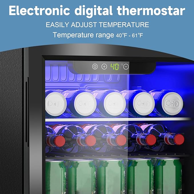 Beverage Refrigerator Cooler, 95 Can Mini Fridge Glass Door for Drinks Soda, Beer, or Wine - Small Refrigerator for Office Bedroom Home Bar, Adjustable Shelves, 2.6 Cu.Ft, Black