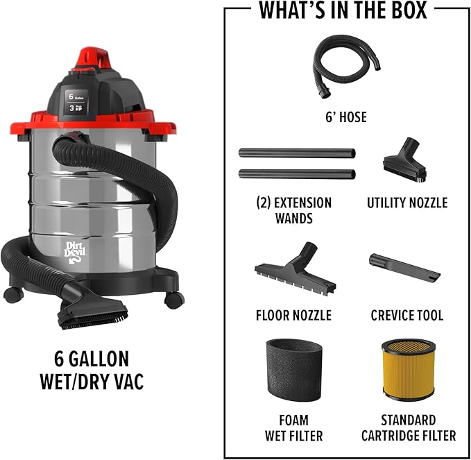 Dirt Devil 6 Gallon Corded Wet Dry Shop Vacuum, Portable, Heavy Duty Vacuum for Garage, Home, Workshop or Vehicle, Durable Design with Versatile Tools, Wet/Dry Shop Vac