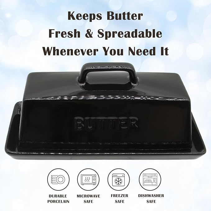 Ceramic Butter Dish With Lid for Countertop, Covered Butter Holder With Lid, Black Butter Container, Butter Tray With Handle