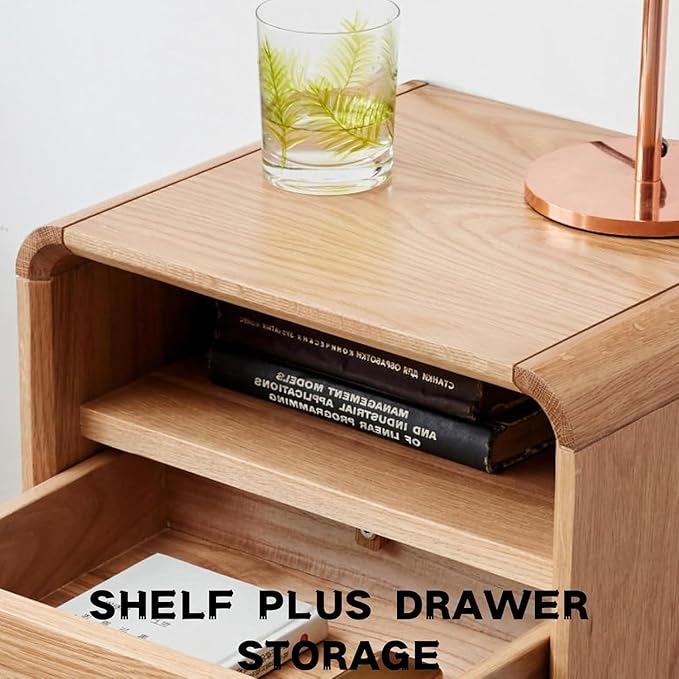Rainbow Home Bergan Nightstand with 2 Drawers & Open Shelf, 100% Solid Oak Wood, Mid Century Modern Bedside Table for Small Spaces, Practical Storage for Bedroom
