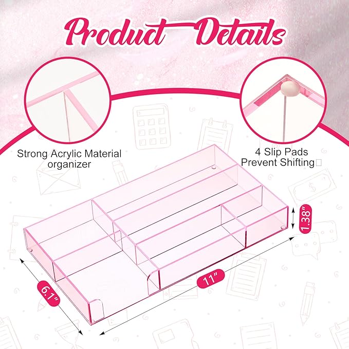 Translucent Pink Acrylic Desk Drawer Organizer 11 x 6.1 x 1.38 Inch Storage Tray Organizer for Pens, Stationery, Desktop, Office, Bathroom, Kitchen, Makeup Supplies (6 Compartments)