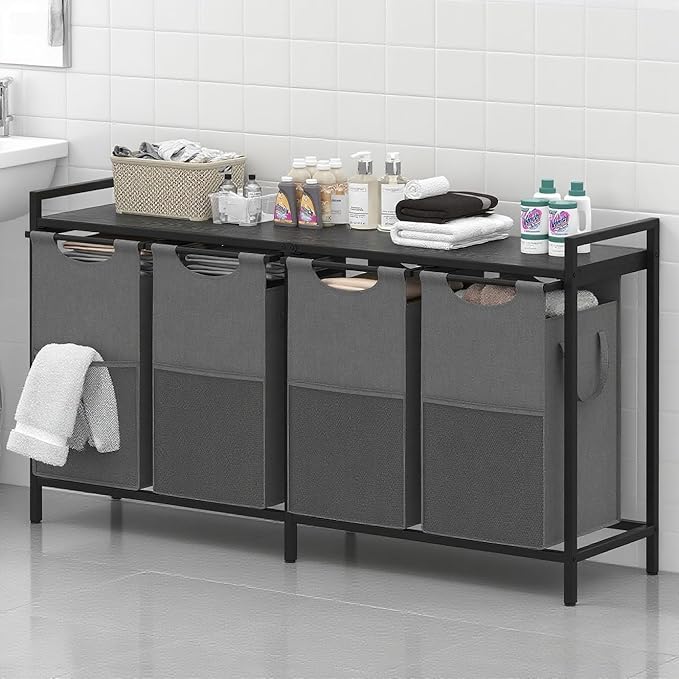 Heybly Laundry Hampers, 4 × 12.5 Gal Laundry Basket with Large Desktop Sorter for Laundry Room organization, Bathroom and Dorm Laundry Bags on Storage Shelf, Black and Gray HLH004BG