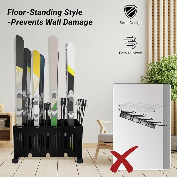 12-Pair Ski Storage Rack w/Width-Adjustable Fixing Bars, Heavy Duty Metal Freestanding Ski Rack - Ideal Organizer for Garage, Home and Store, 26" L ×25.2" W ×13.6" H