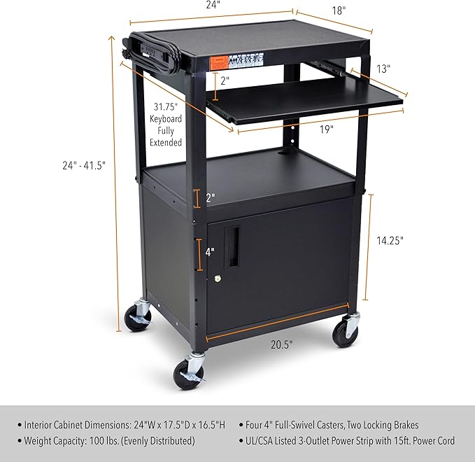 Stand Steady AV Cart with Locking Cabinet, Adjustable Height, UL Certified, Steel Frame, Black
