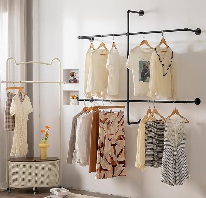 Industrial Pipe Clothing Rack - Wall Mounted Garment Rack as Walk-in Closet System. Sturdy Open Wardrobe for Hanging Clothes - Heavy Duty Clothes Rack with Four Hanging Rods for Home