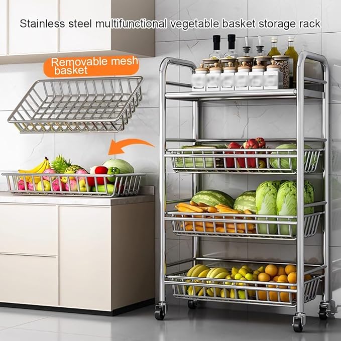 304 Stainless Steel Rolling Cart, Utility Kitchen Storage Carts with Wheels, Metal Kitchen Island, Storage Cart for Dining Room, Room, Laundry Room