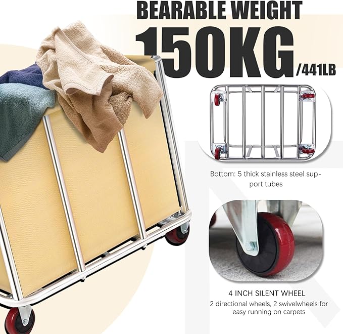 Commercial Laundry Cart with Wheels, 11.35 Bushel Large Laundry Tumbler with Removable Waterproof Canvas Lined Basket, Heavy Duty Stainless Steel Laundry Basket for Hotels and Hospitals
