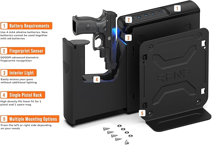 RPNB Gun Safe,Mounted Biometric Nightstand Handgun Safe with Quick Access Sliding Door, Pistol Safes for Wall Bedside Desk Vehicle with the Fingerprint, Keypad, Pistol Holder,Carbon Knight Series