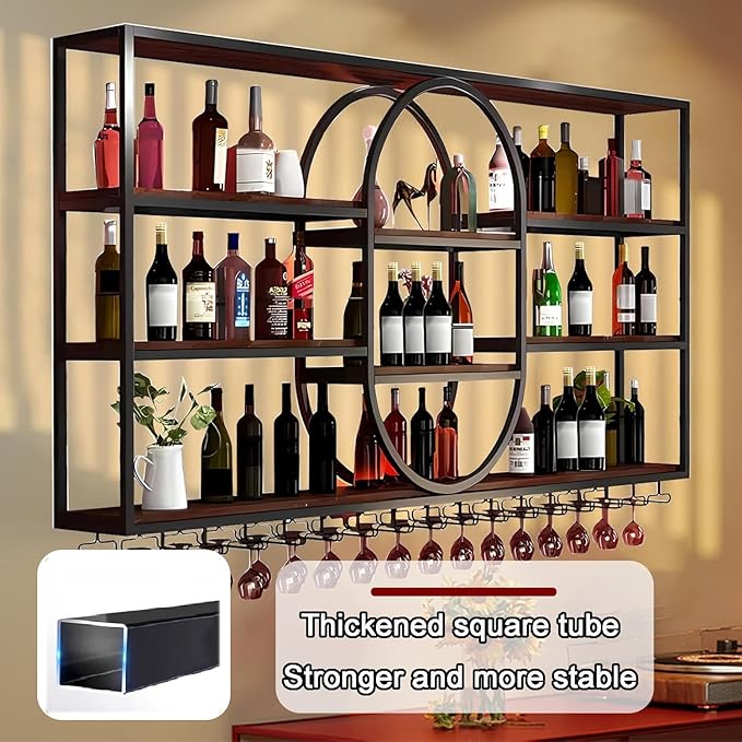 71IN Large Wall Mount Wine Rack, Metal 4 Tier Hanging Bottle Holder with Wine Glass Storage Racks, Modern Floating Wine Shelves for Home Bar Dining Room Decoration(Black)