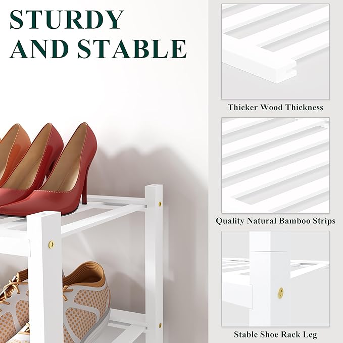 Smiry Bamboo Shoe Rack for Closet, 3 Tier Small Wooden Stackable Shoe Organizer, Free Standing Shoes Storage Shelf for Entryway, Front Door Entrance, White