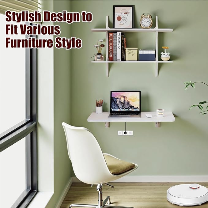 Pmnianhua Wall Mounted Folding Table, 31'' Floating Laptop Desk with Shelves, Foldable Drop Leaf Table, Wall Mount Fold Down Table for Laundry Room Kitchen Bar Home Office Small Space(White)