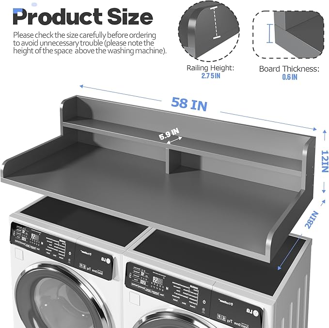 2-Tier Washer and Dryer Countertop with 2.75" H Guard,58" W x 28" D Laundry Countertop Cover with Non-Slip Pad,Large Space Laundry Topper for Folding Clothes Over Washer and Dryer-Grey