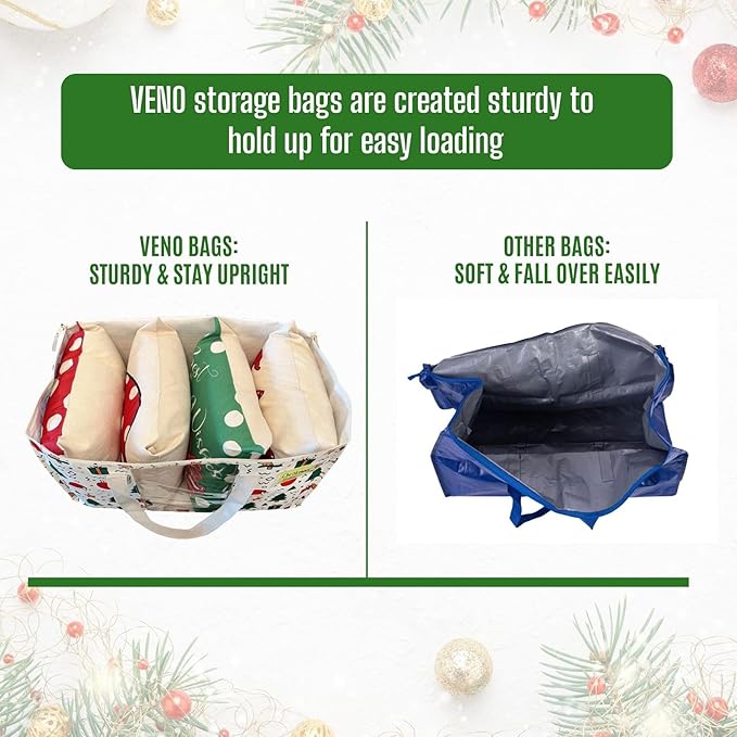 VENO 4 Pack Moving Bags, Large Christmas Storage Bins with lids, Packing Supplies for College, Alternative to Moving Boxes, Foldable, Heavy-Duty Tote, Christmas Pattern (Jingle Mix, 4 Pack)