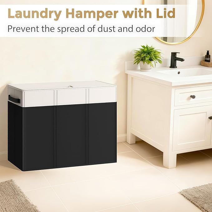180L Laundry Hamper 3 Section, Large Laundry Basket with Lid, Laundry Basket Organizer with Handles, Divided Clothes Hampers for Laundry, Bedroom, Bathroom, White & Black