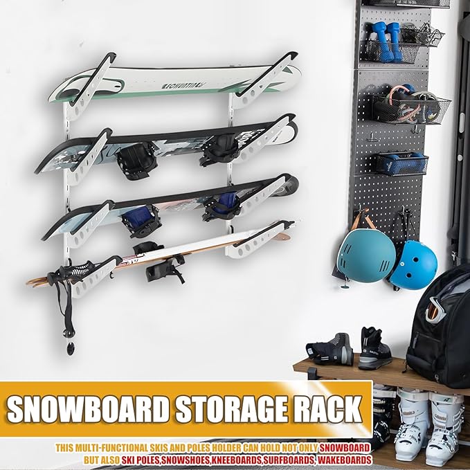 Snowboard Wall Racks, Adjustable Storage Rack for Ski, Surfboard, Wakeboard, Snowboard Wall Mount Display, White/Black