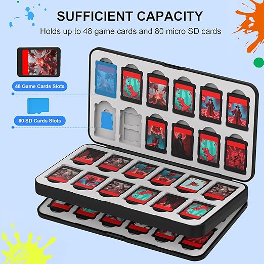 QuoLumPIA 48 Game Card Case Compatible for Nintendo Switch 2/OLED/Switch/Switch Lite, storage 48 Game Cards & 80 Micro SD cards, Black, hard shell, magnetic closure, soft silicone linning