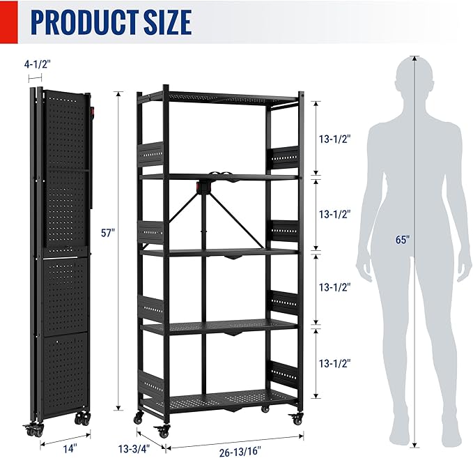 WORKPRO 5-Tier Folding Shelf, No-Assembly Metal Storage Rack with Wheels, 750 lbs Capacity (Without Wheels), Collapsible Shelving Unit for Kitchen, Pantry, Bathroom & Closet Organization