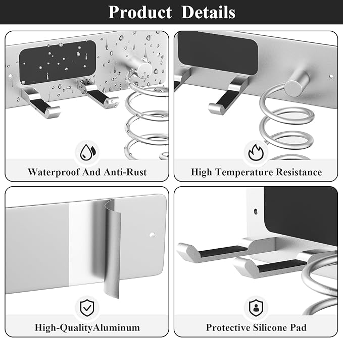 Tindbea Hair Dryer Holder + Curling Iron Holder,Blow Dryer Holder Wall Mount, Bathroom Hair Tool Organizer Rack for Universal Dryer Silver Color
