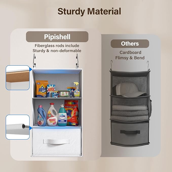 Pipishell 6-Shelf Hanging Closet Organizer, Hanging Shelves with 2 Separable 3-Tier Shelves, Closet Shelves Organizer with 3 Removable Drawers for Bedroom, Dorm Room, Camper and Nursery (White)