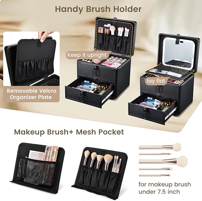 Makeup Case with Drawer, Detachable Lighted LED Mirror, Makeup Organizer Box Travel Make up Vanity Case Portable Cosmetic Train Case for MUA Lockable Makeup Suitcase with Adjustable Dividers