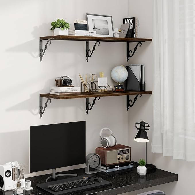 Fun Memories 36 Inches Floating Shelves, Rustic Long Wall Shelves, 12 Inch Deep Book Shelf Wall Mounted, Wide Display & Storage Shelves for Living Room, Bathroom, Bedroom, Rustic Brown, Set of 2