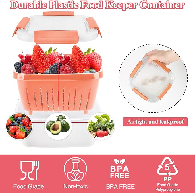 50oz Berry Keeper Fruit Storage Container for Fridge, Fresh Food Produce Saver Containers with Removable Drain Colander, Vegetable Lettuce Keeper Bowl, Refrigerator Organizer, PRESS TO OPEN CLOSE LID