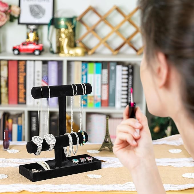 ByKen Necklace Holder,Bracelet Holder,Jewelry Organizer Stand with Earrings Rings Tray,Jewelry Holder for Scrunchie Watches (Black Velvet)